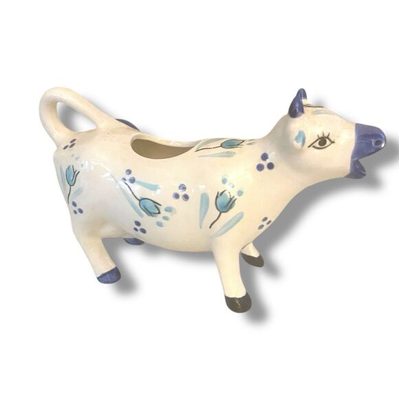 Vintage ENESCO Japan Ceramic Blue White Tulip Design Cow Creamer - Made in Japan - Picture 4 of 6